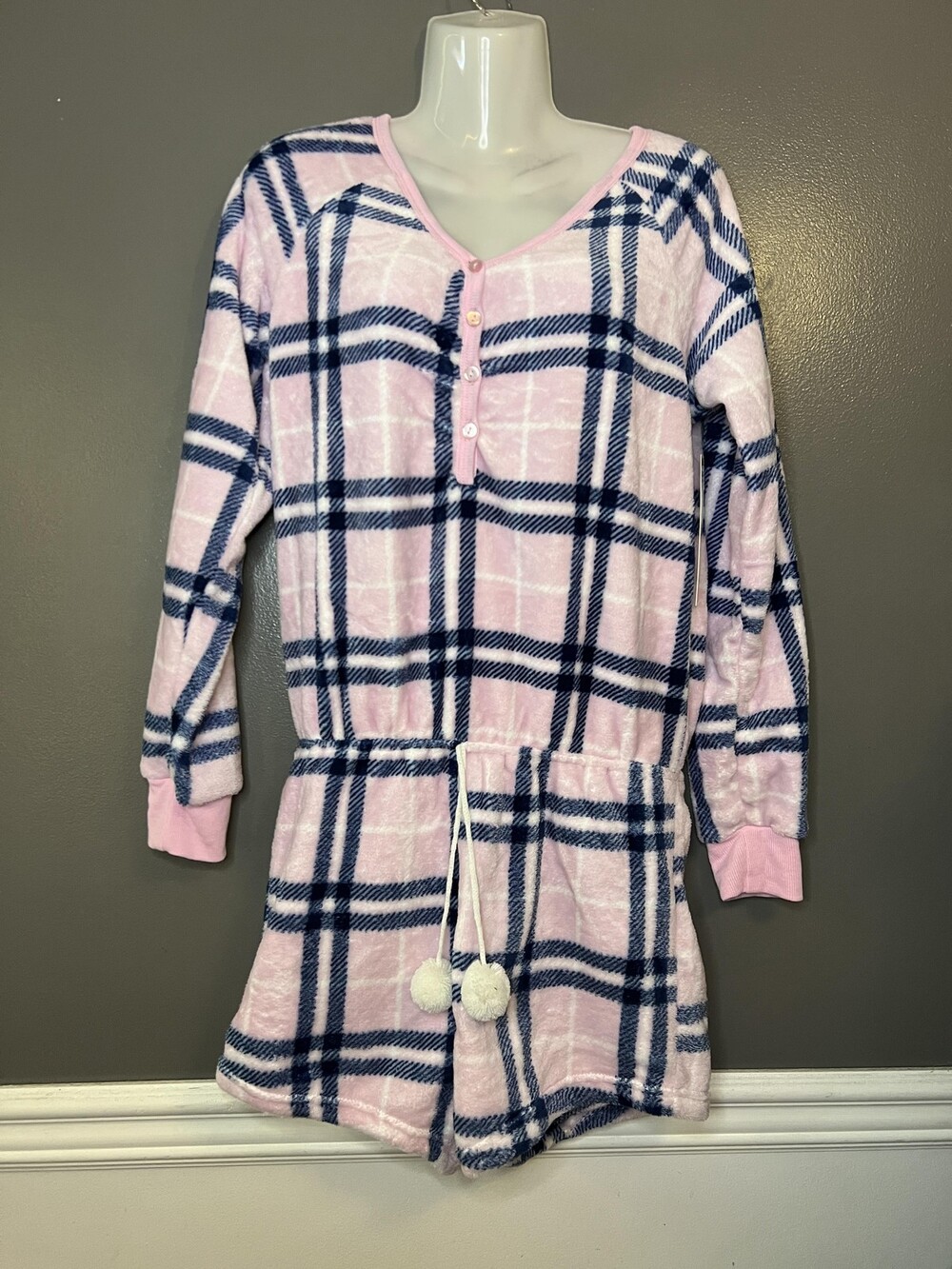 Em & Alfie Sleep Romper Womens Large Pink Blue Plaid Fleece Pajamas Loungewear